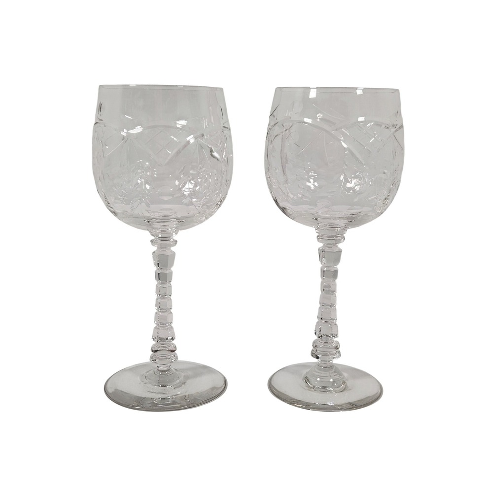Rock Sharpe 7.5" Wine Goblets Pattern 1004-2 Polished Floral Cut Optic‎ Set of 2